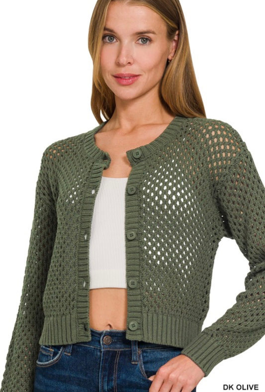 Crochet Cardigan Sweater in Dark Olive