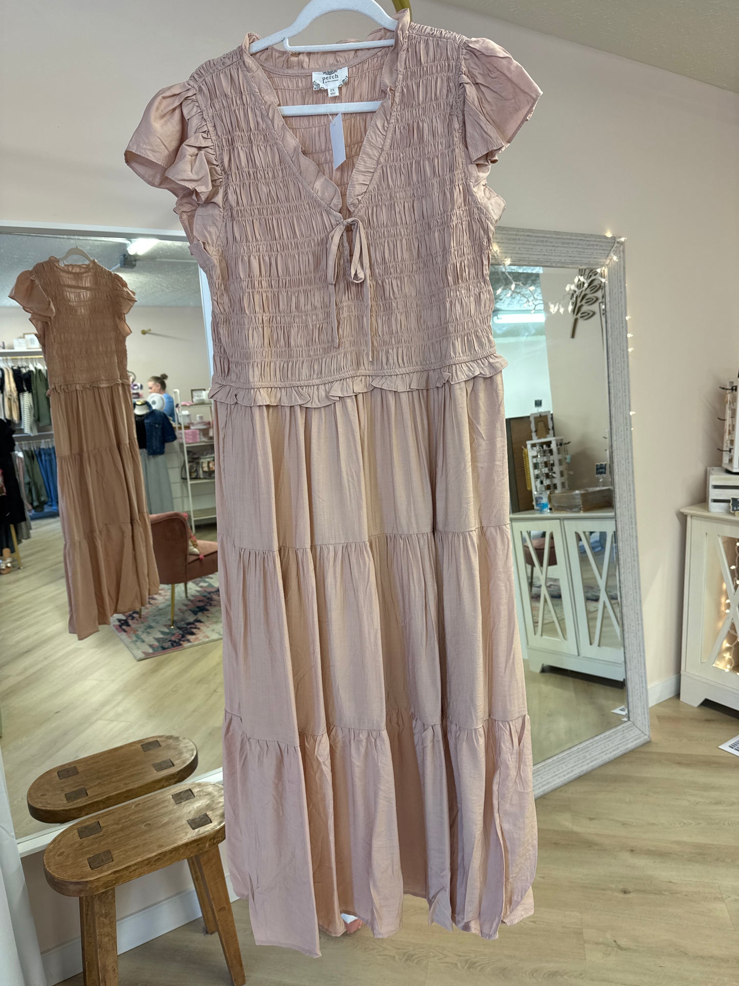 Smocked Front Ruffle Tiered Midi Dress in dusty pink