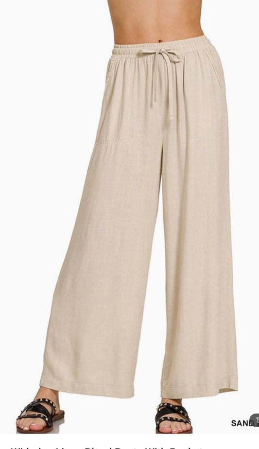 Linen Blend Pants with Pockets in Beige