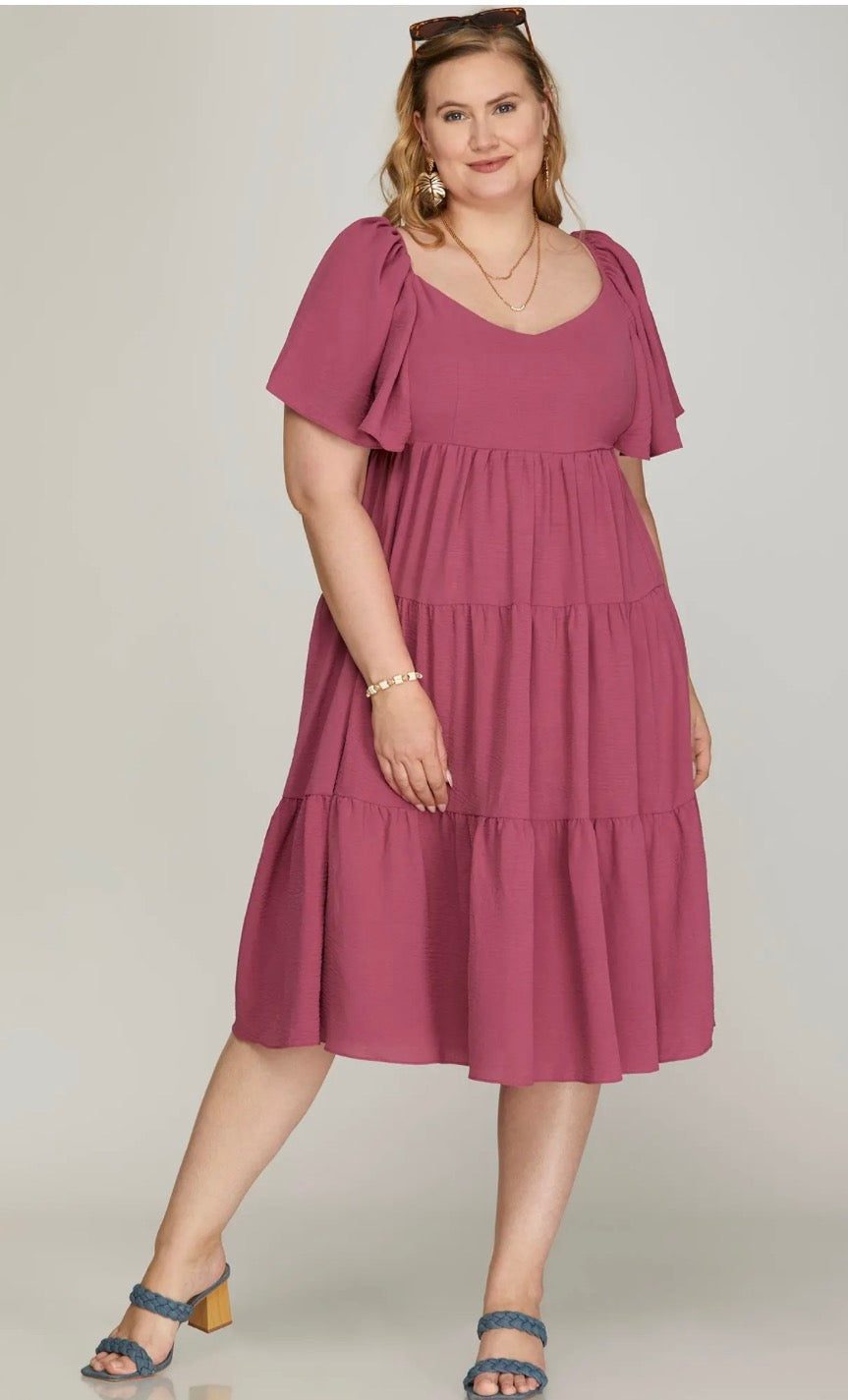 Flounce Sleeve Midi Dress