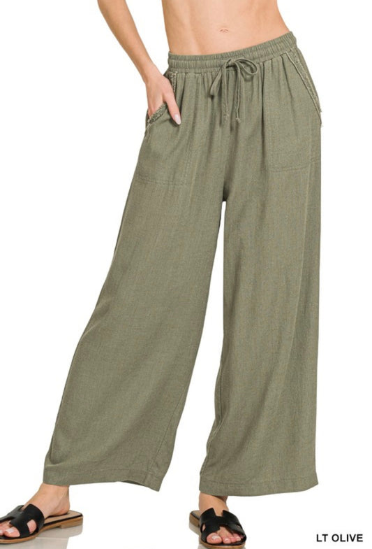 Linen Blend Pants with Pockets in Olive