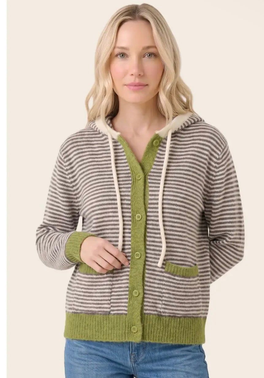 Staccato Striped Button Down Hoodie Sweater Cardigan in Brown/Matcha