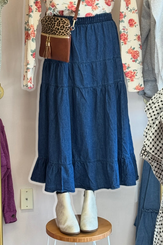 Blu Pepper Denim Tiered Maxi Skirt