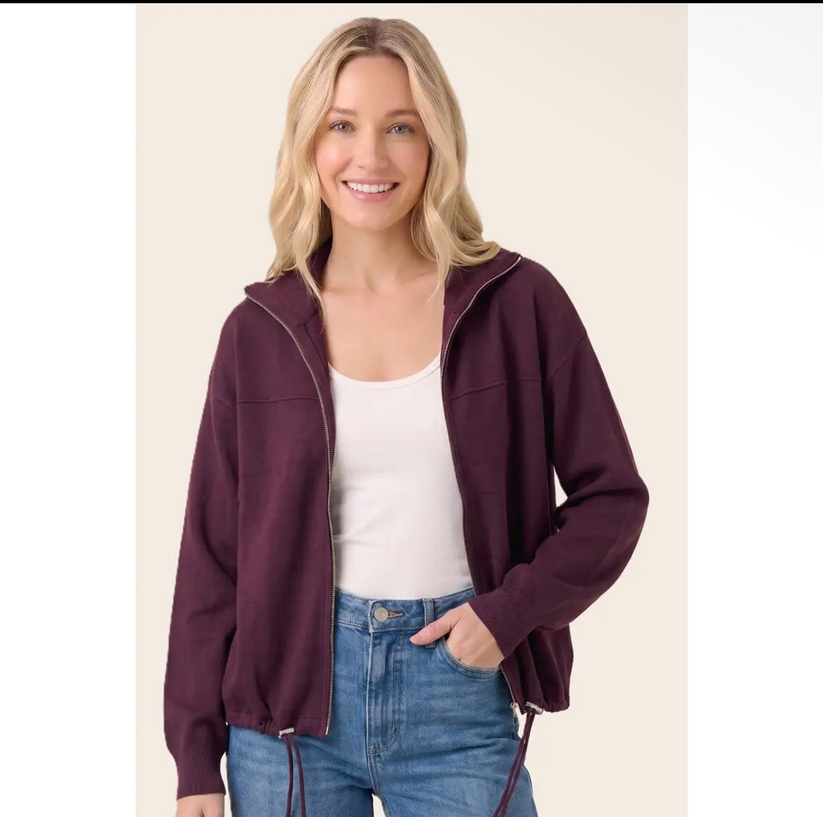 ZIP UP DRAWSTRING HEM SWEATER JACKET in Plum