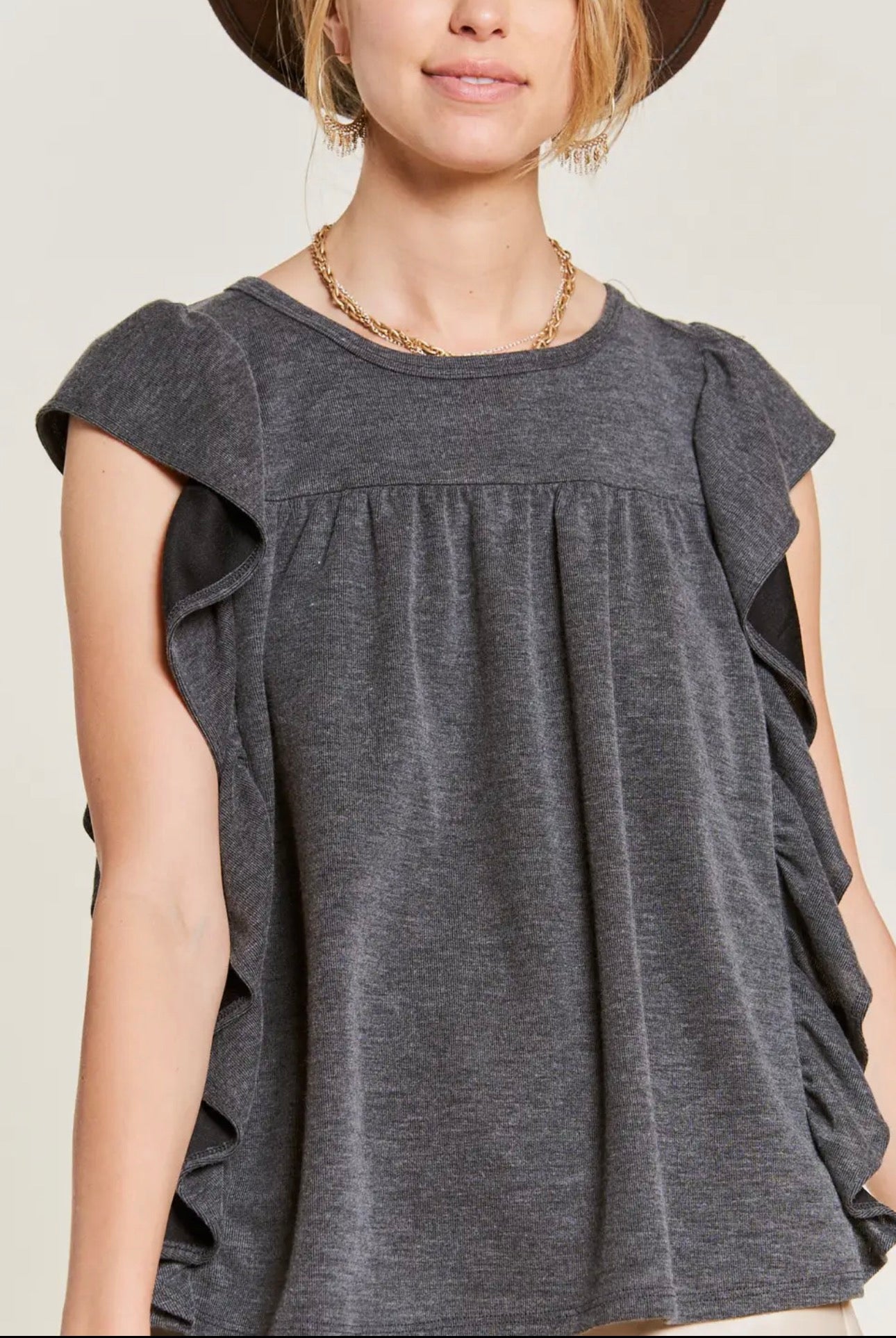 Jade by Jane Knit Top featuring Side Ruffle in Charcoal