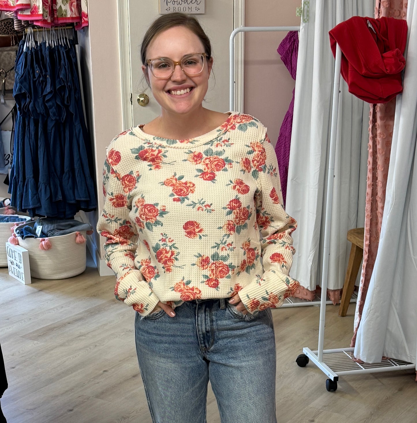 Floral Print  Waffle Thermal Top with Thumb Holes