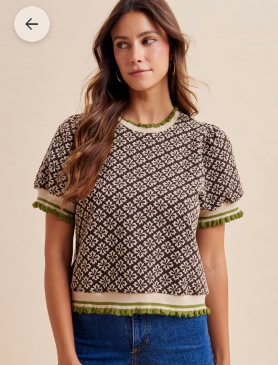 FLORAL JACQUARD PUFF SLEEVE KNIT Top