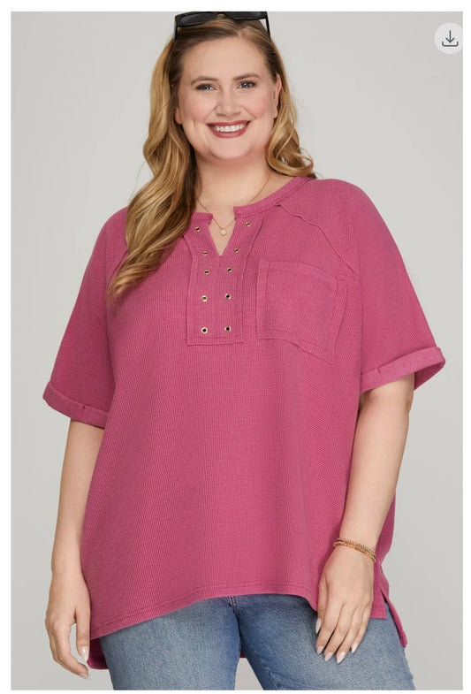 V Neck Top with Stud Detail in BERRY