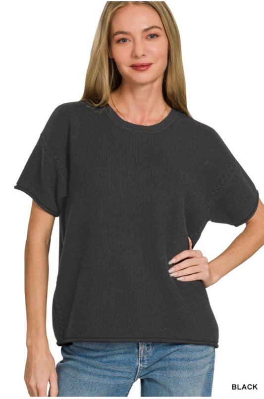 Black Round Neck Short Sleeve Sweater