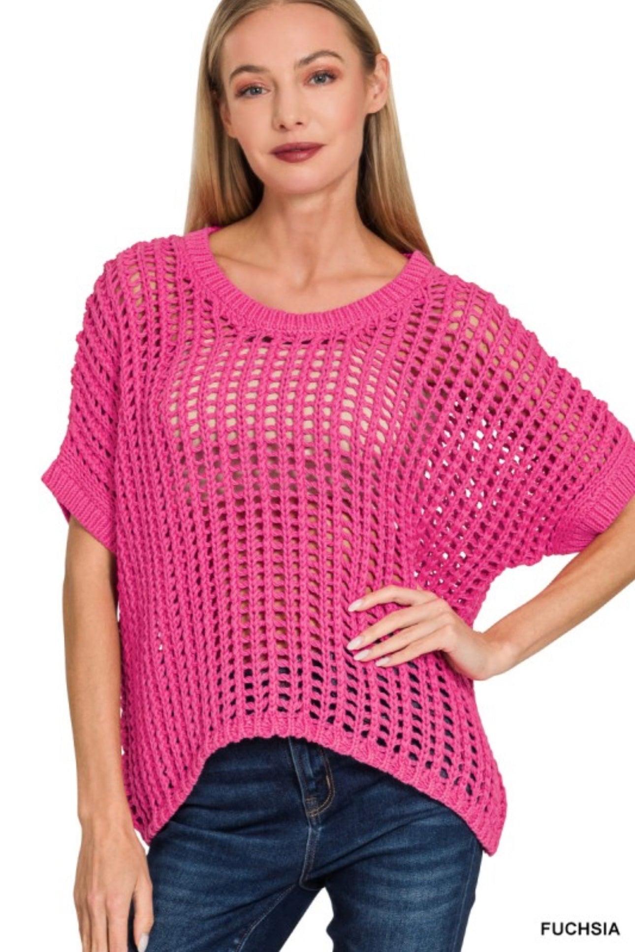 FISH NET SHORT SLEEVE CROCHET SWEATER