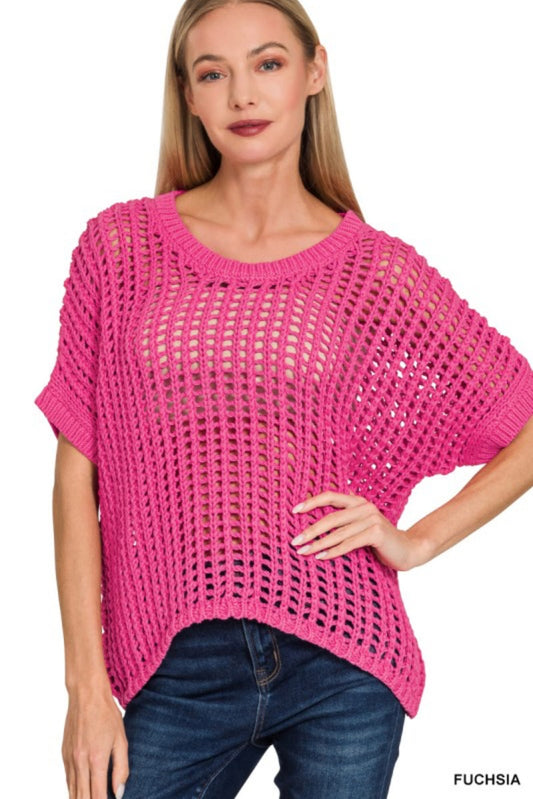 FISH NET SHORT SLEEVE CROCHET SWEATER