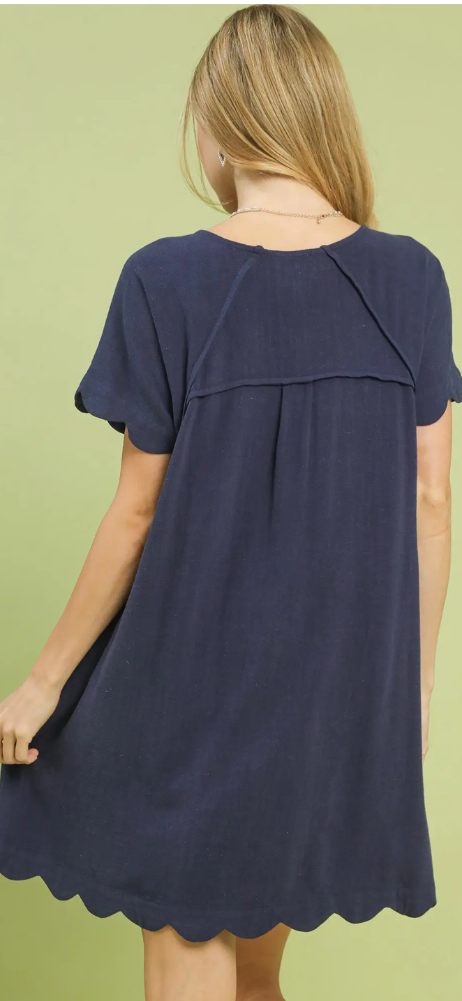 Scalloped Hem Dress with Pockets in Navy