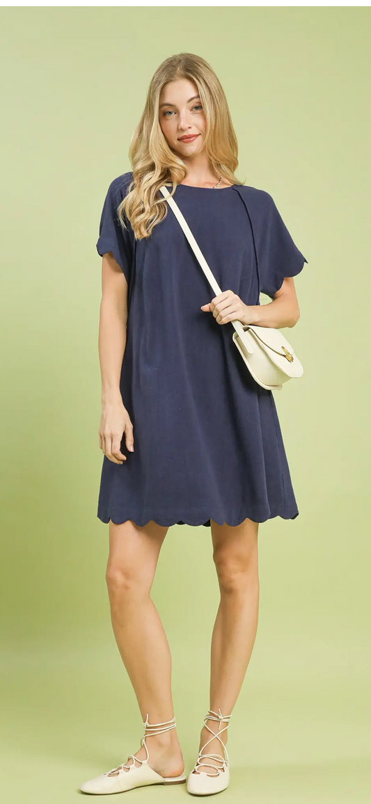 Scalloped Hem Dress with Pockets in Navy