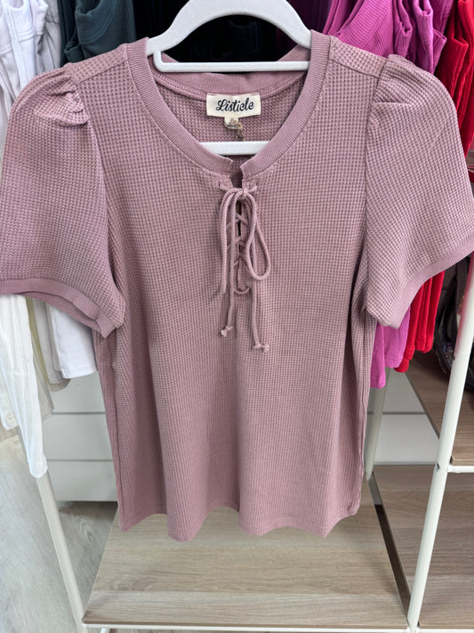 Waffle Knit Lace Up Top