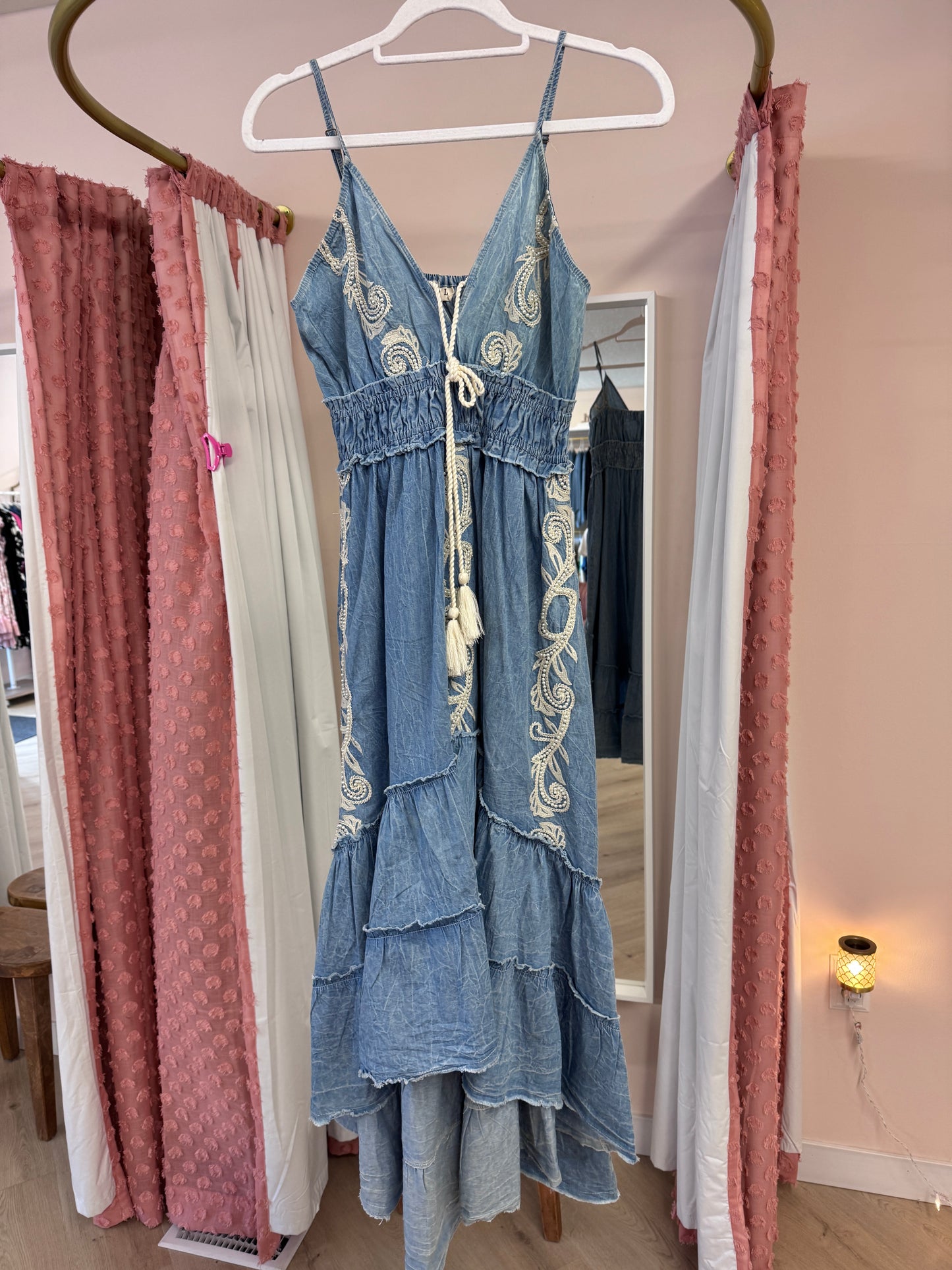 POL Chambray Dress with Pearl Embroidery