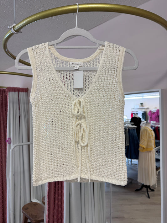 Blu Pepper Crochet Tie Front Vest in Ivory