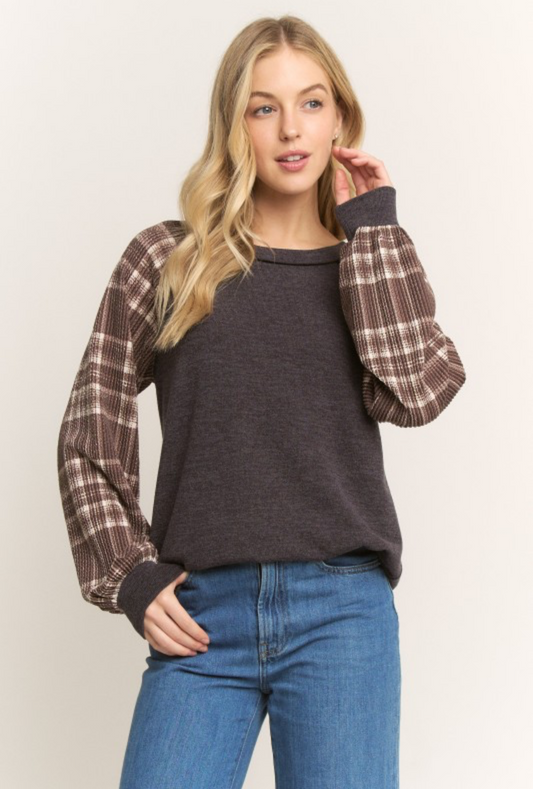 Solid Urban Ribbed and Plaid Top