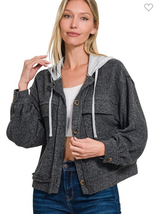 Brushed Hacci Button Down Shacket with hood