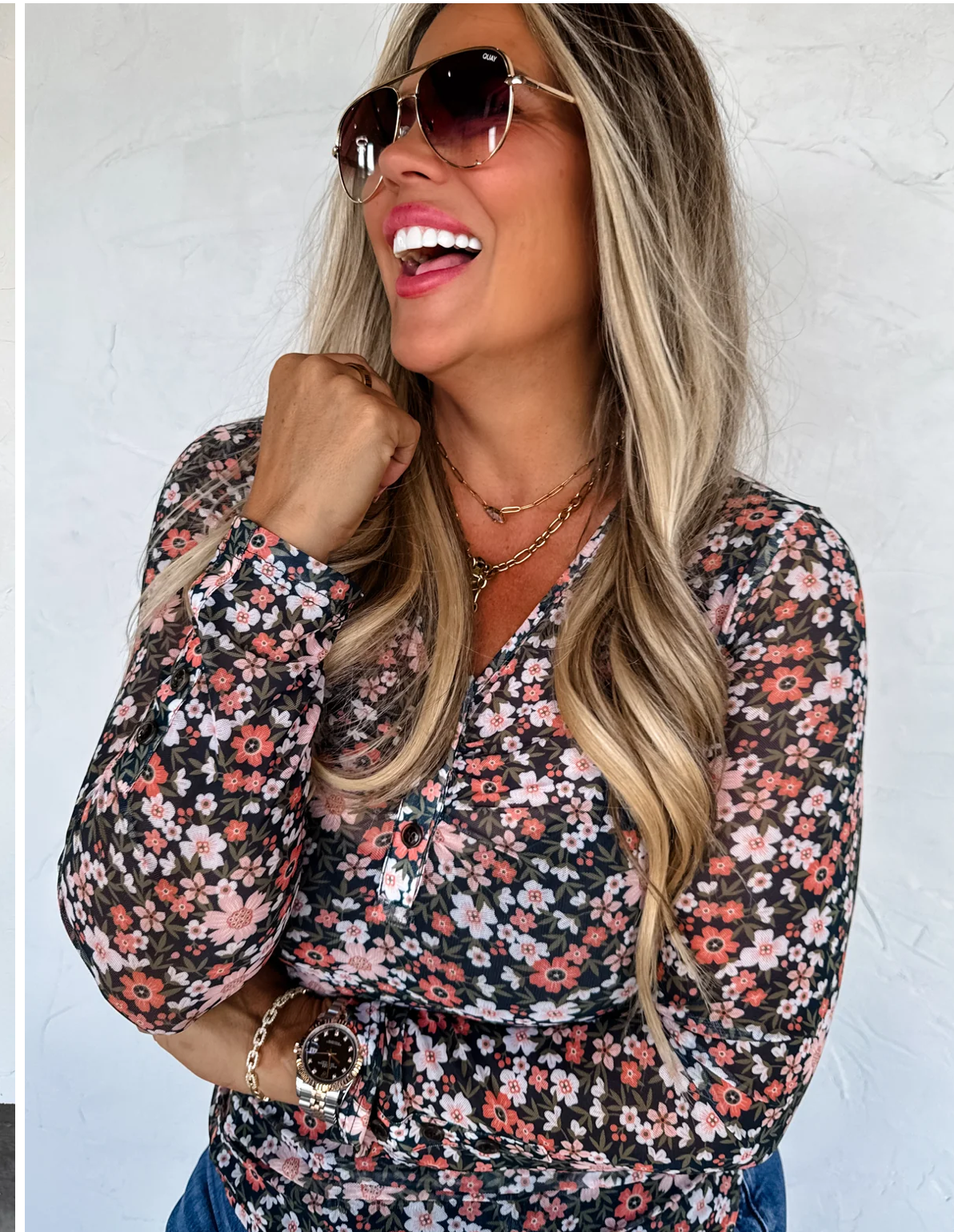 V Neck Floral Mesh Top