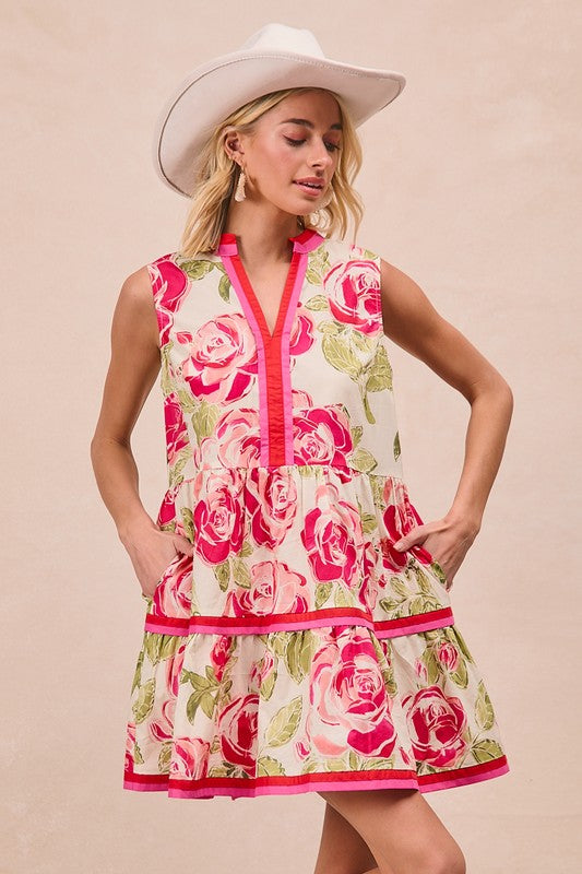Floral Printed Woven Contrast Edge Sleeveless V Neck