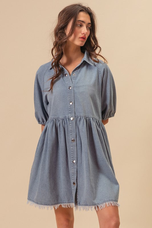 Washed Denim Puff Sleeves Buttoned Midi Dress *FINAL SALE*