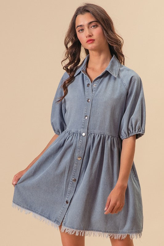 Washed Denim Puff Sleeves Buttoned Midi Dress *FINAL SALE*