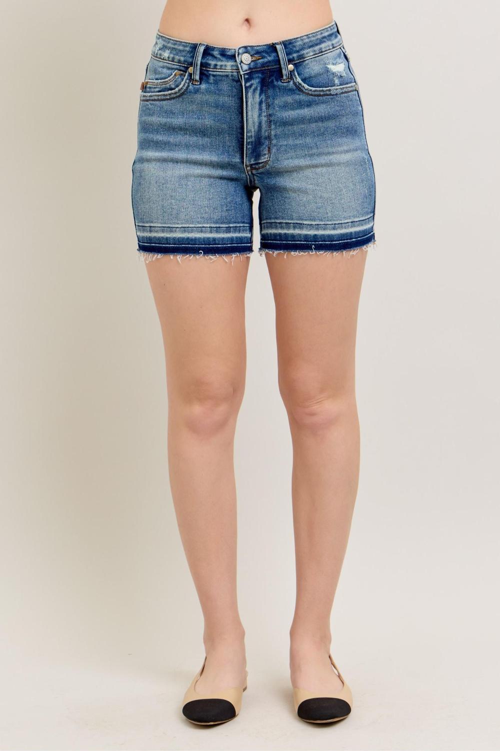 Judy Blue Mid Rise Tummy Control Vintage Wash Release Hem Denim Short 150299