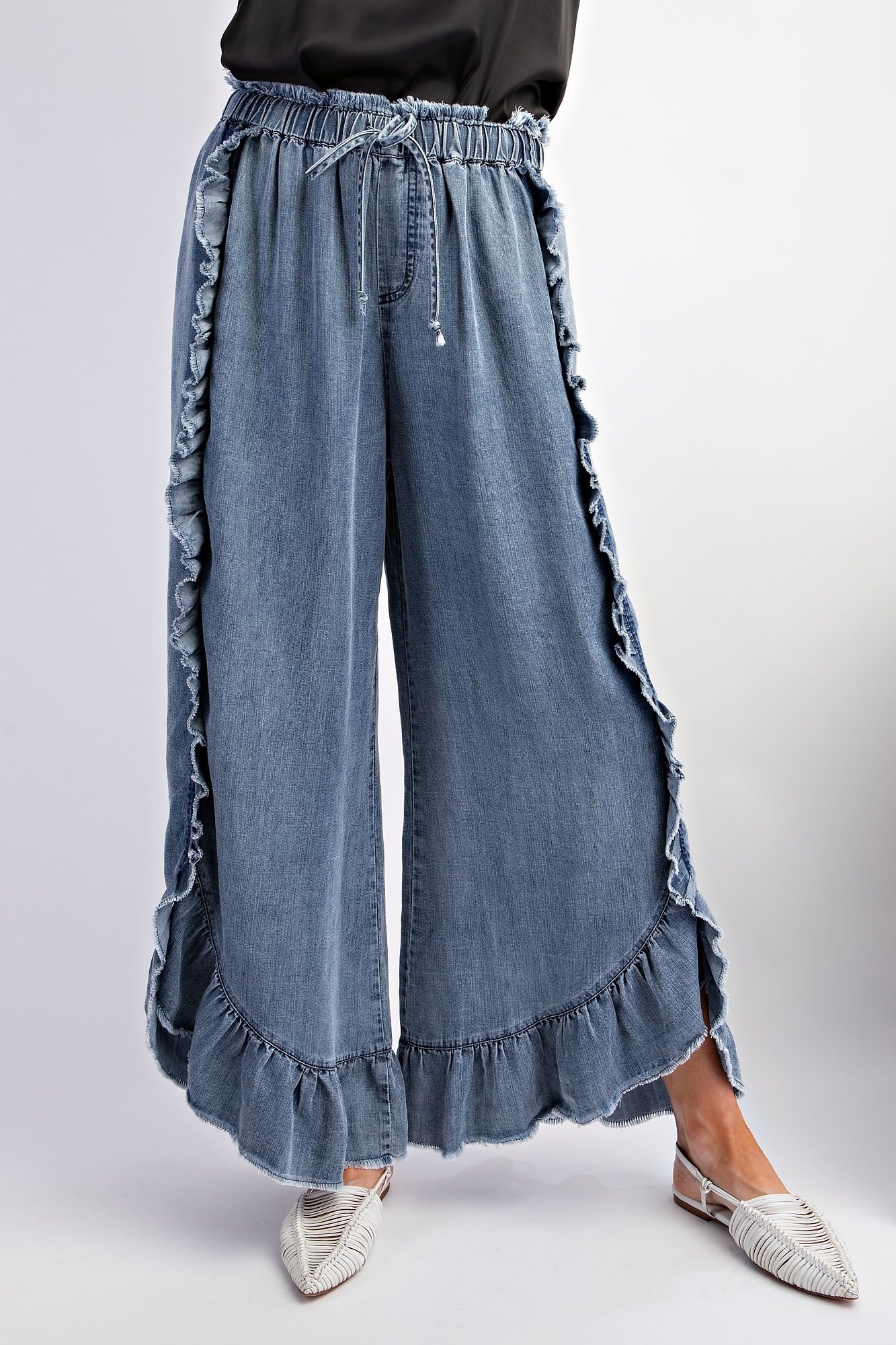 Washed Ruffle Chambray Loose Fit Pants
