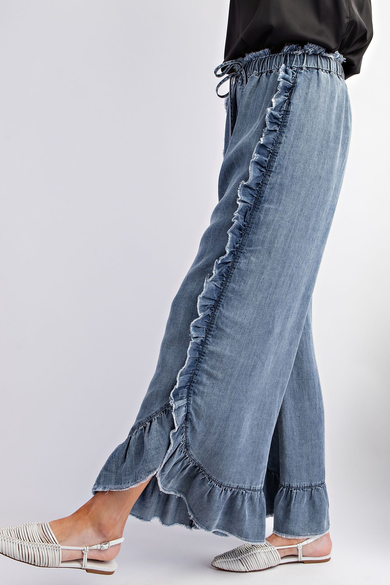 Washed Ruffle Chambray Loose Fit Pants