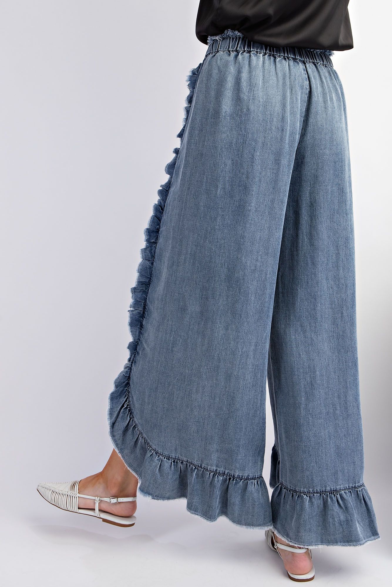 Washed Ruffle Chambray Loose Fit Pants