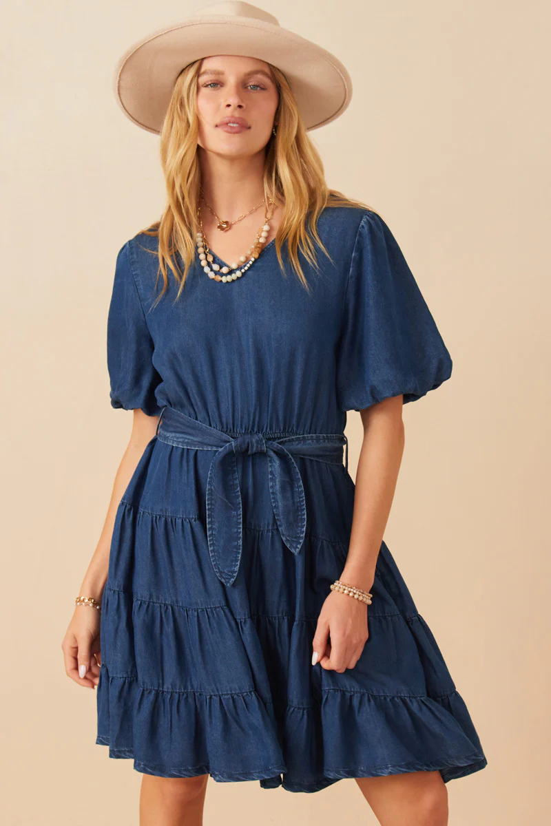 Denim Washed Belted V Neck Dress