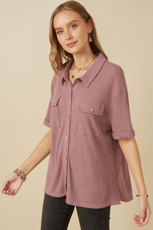 Waffle Knit Chest Pocket Short Sleeve Shirt