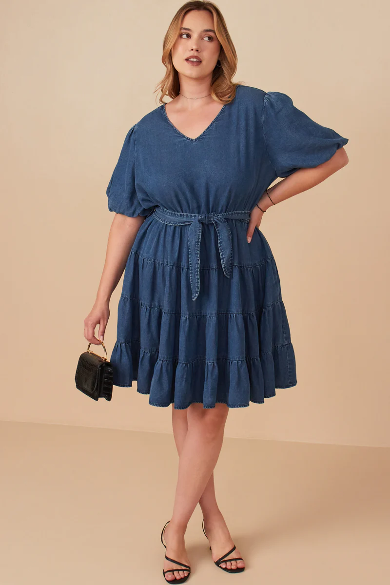Denim Washed Belted V Neck Dress