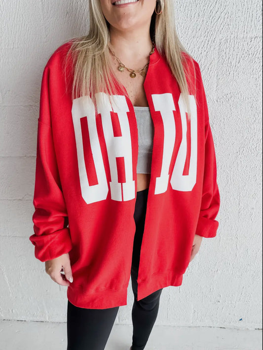 Red OH-IO Crew Neck Cardigan