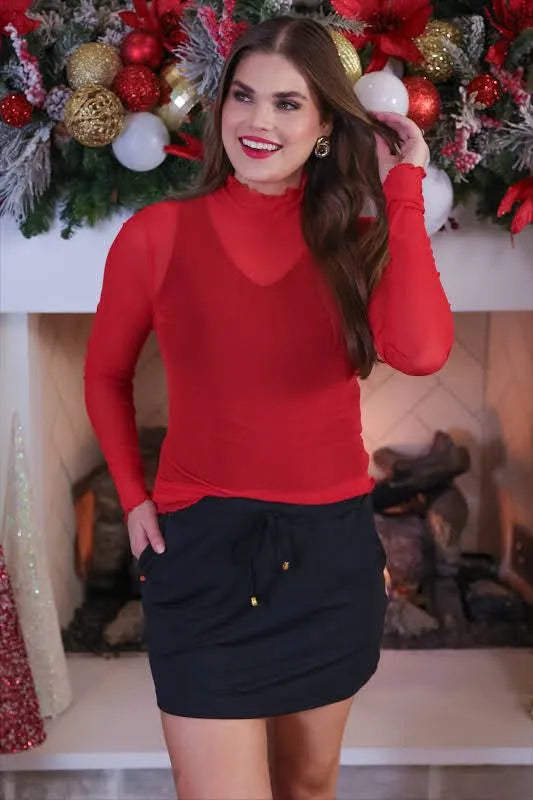 Keigan Mock Neck Mesh Top - Red