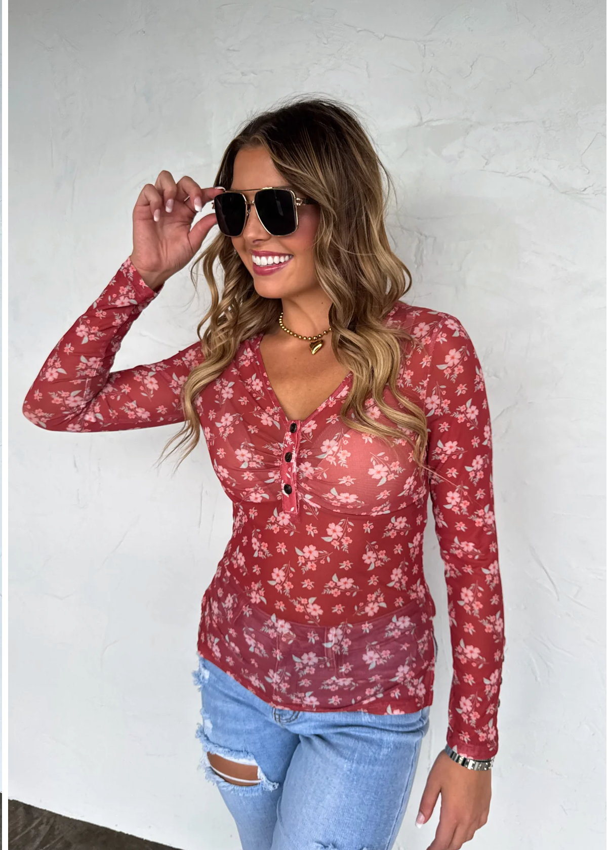 V Neck Floral Mesh Top