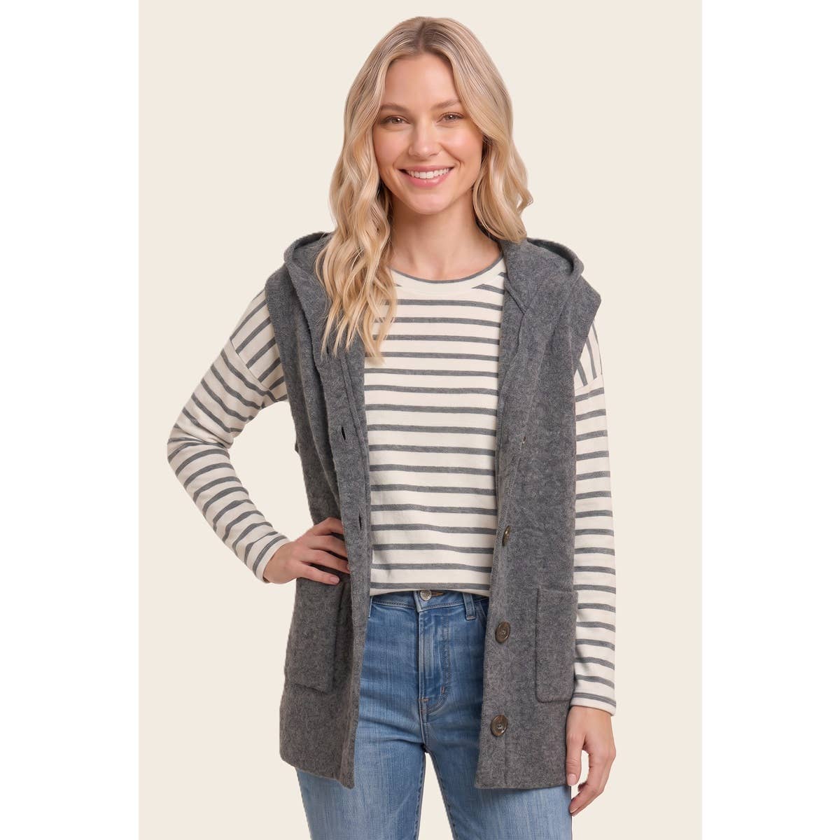 BUTTON DOWN HOODIE VEST CARDIGAN
