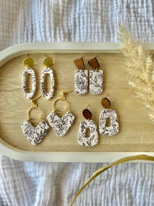 Brown Floral Clay Earrings, Vine Clay Earrings