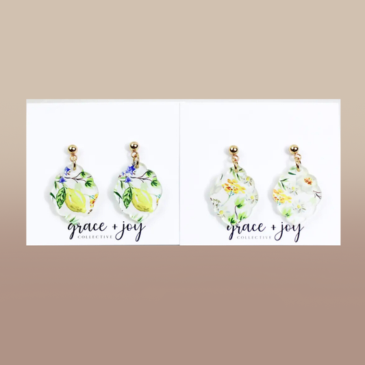 Watercolor Floral Lemon Scalloped Dangle Earrings