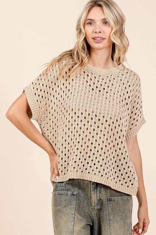 MINERAL WASH OPEN KNIT SHORT SLEEVE SWEATER TOP