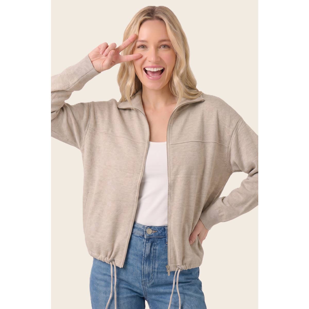 ZIP UP DRAWSTRING HEM SWEATER JACKET