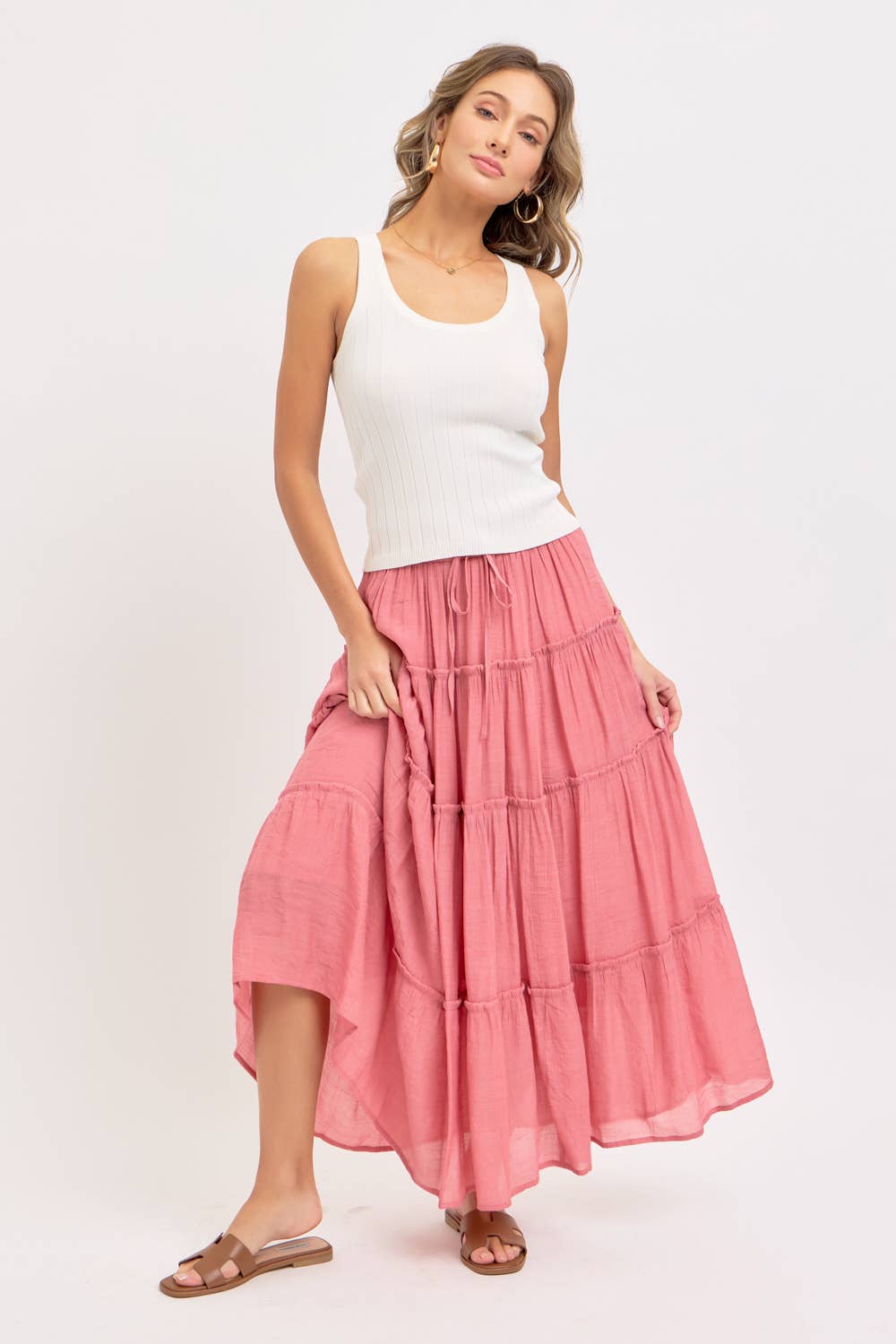 CASUAL PULL ON ELASTIC WAIST TIERED MAXI SKIRT