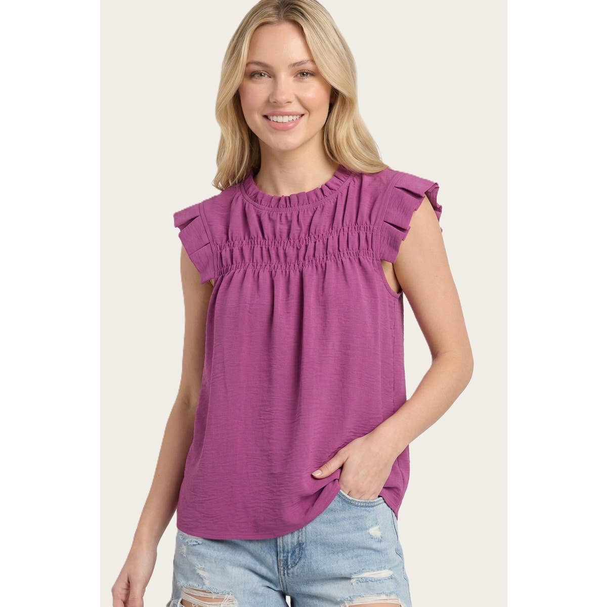 FRILLED ELASTIC NECK GATHERED SOLID TOP