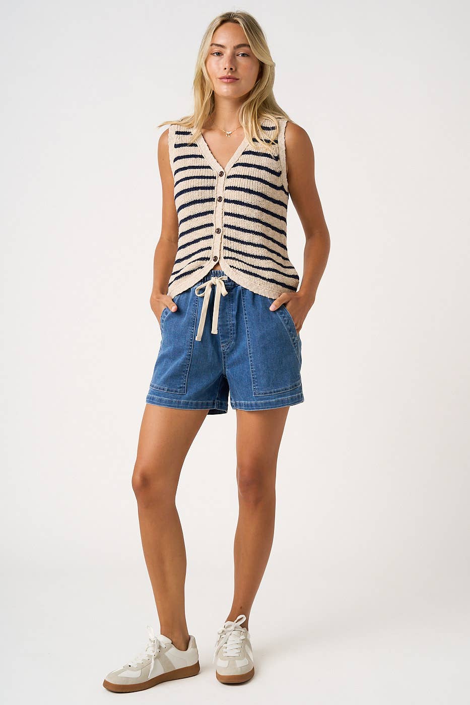 WASHED DENIM DRAWSTRING PATCH POCKET SHORTS-Final Sale
