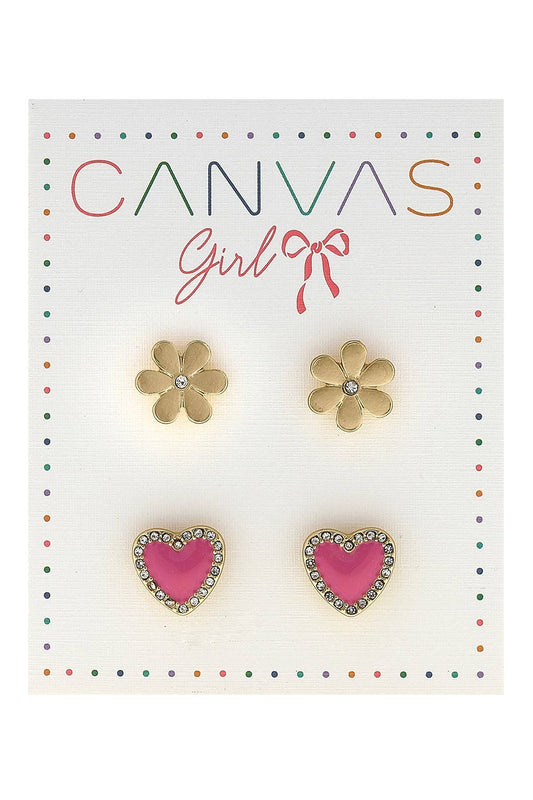 Maggie Pave Heart & Flower Children's Stud Earrings (2)