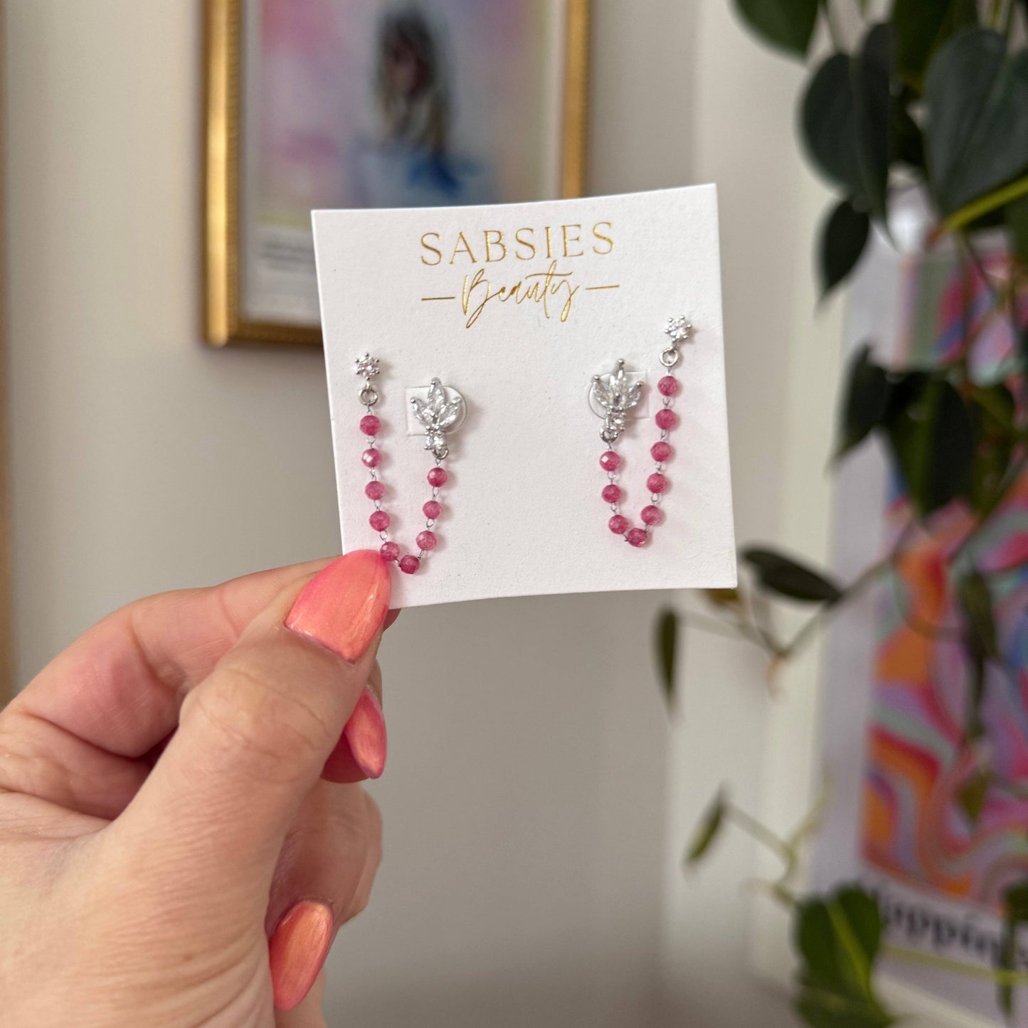 Pink Unique Crystal Beaded Chain Double Stud