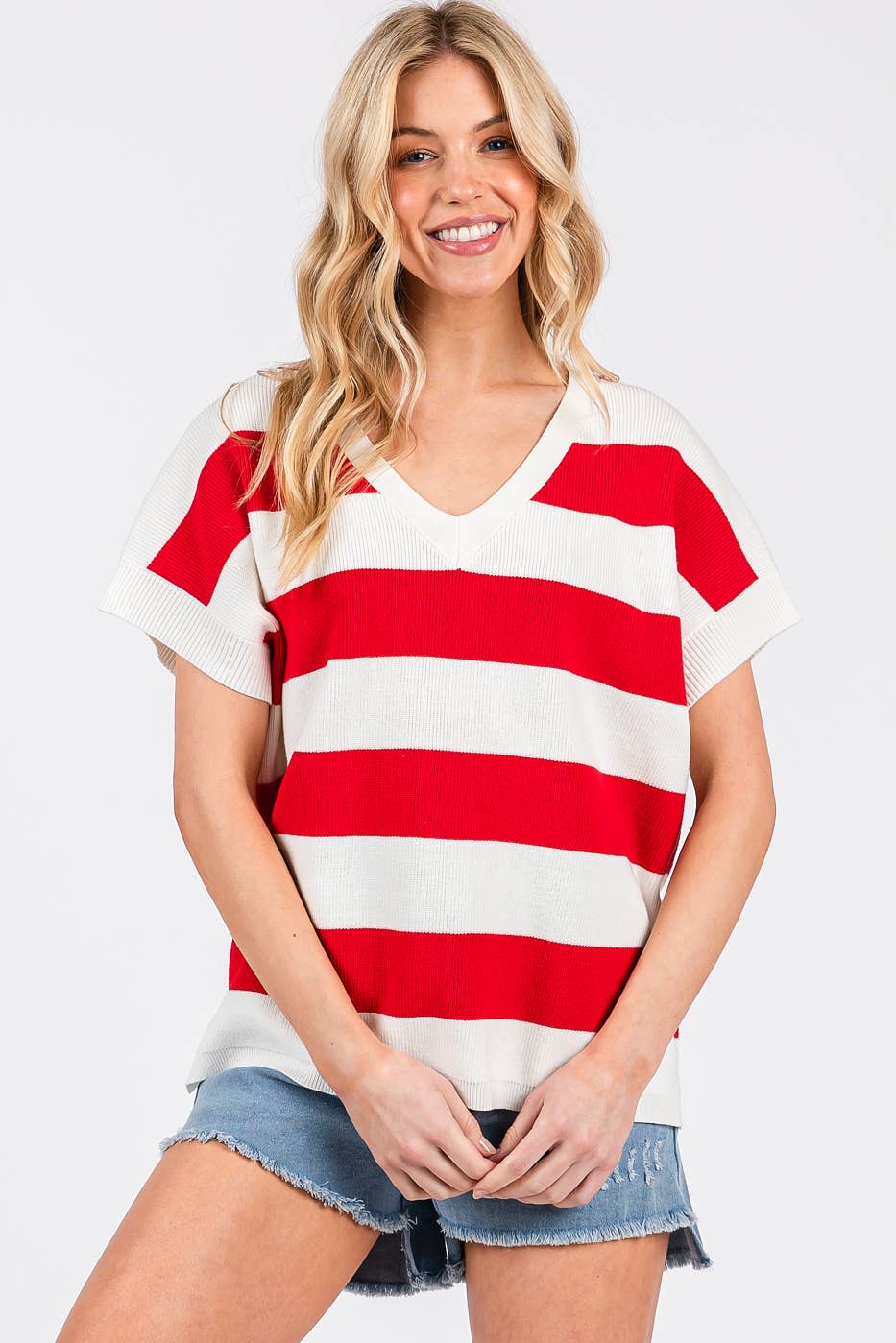 VIBRANT STRIPED SHORT SLEEVE SWEATER KNIT TOP *FINAL SALE*