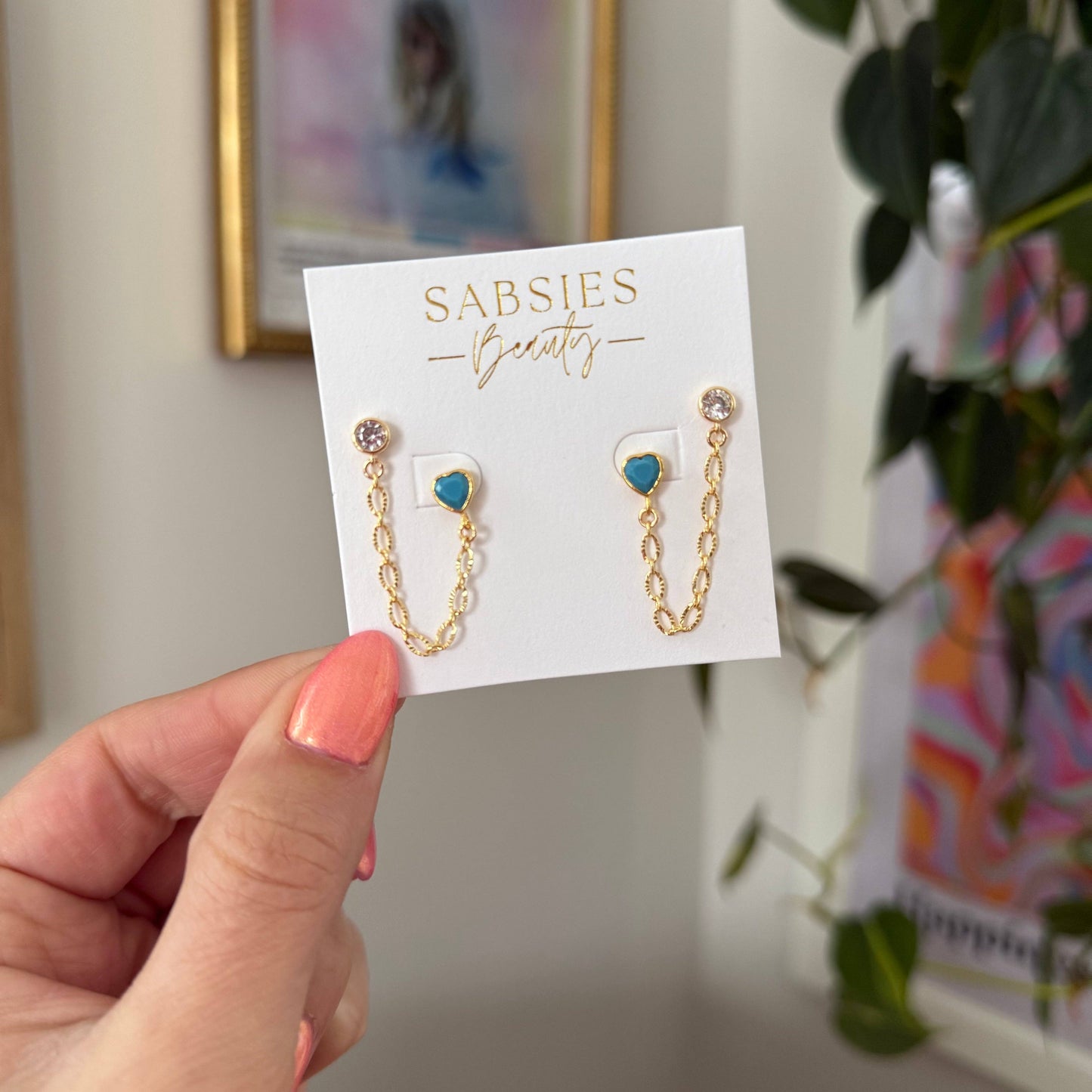 Aqua Heart Gold Chain Double Stud
