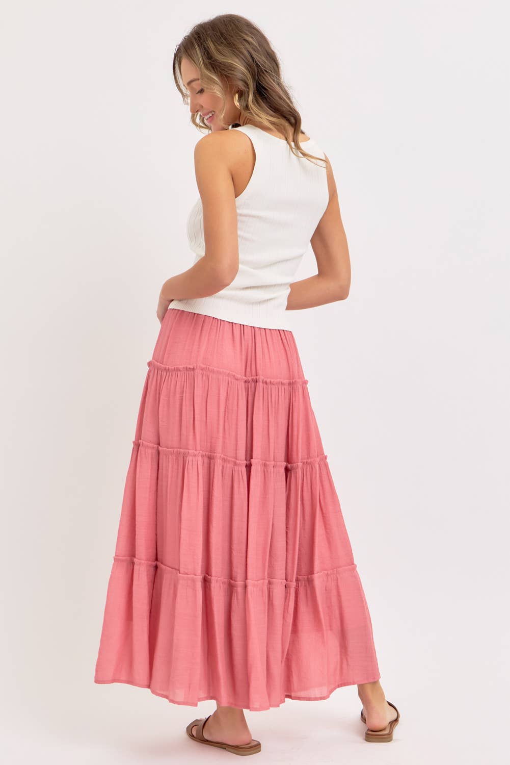CASUAL PULL ON ELASTIC WAIST TIERED MAXI SKIRT