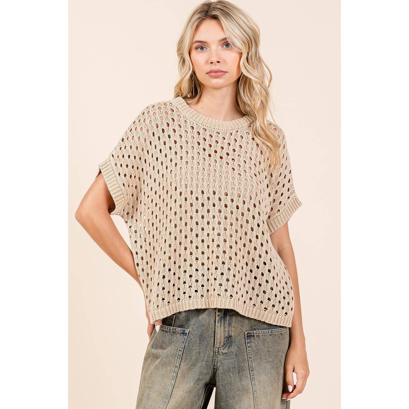 MINERAL WASH OPEN KNIT SHORT SLEEVE SWEATER TOP